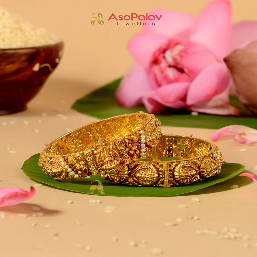 22K Gold Lakshmi Bridal Bangles with Ruby & Pearl Accents